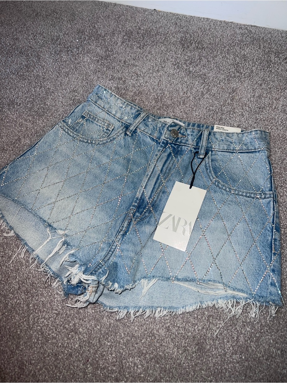Zara Light Blue Quilted Rhinestone Denim Shorts